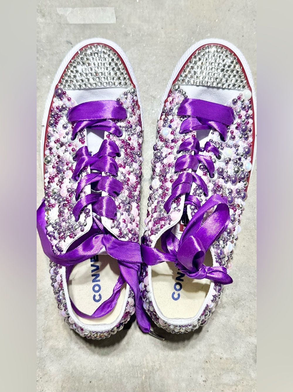 Converse Women's Purple Satin Ribbon & Pearl-Studded Sneakers-9